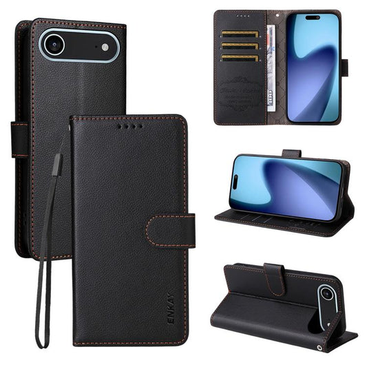 ENKAY RFID Blocking Wallet Kickstand Litchi Texture Leather Phone Case, For iPhone Air, For iPhone 16 Pro Max, For iPhone 16 Pro, For iPhone 16 Plus