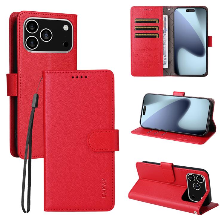 ENKAY RFID Blocking Wallet Kickstand Litchi Texture Leather Phone Case, For iPhone 18 Pro / 17 Pro, For iPhone 18 Pro Max / 17 Pro Max, For iPhone 17e / 16e, For iPhone 17