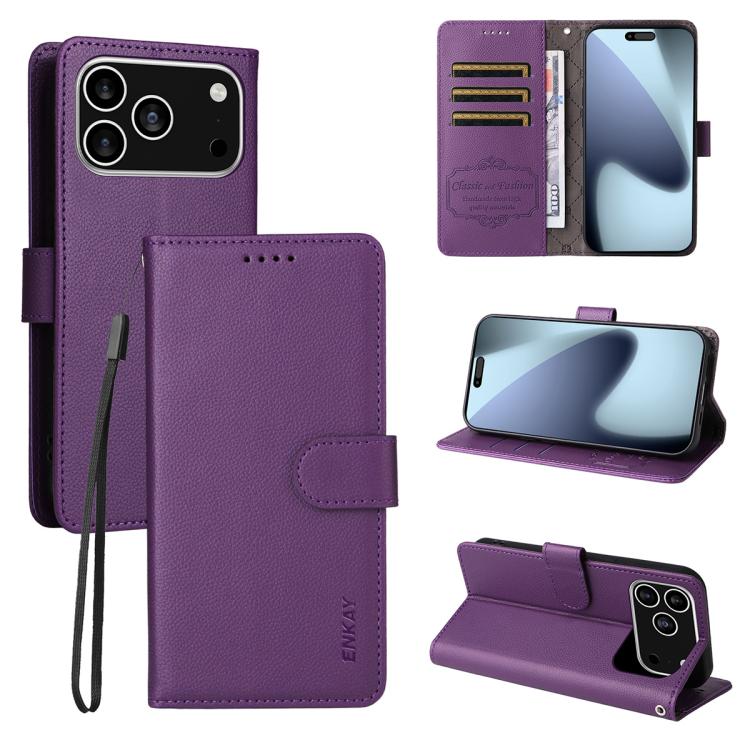 ENKAY RFID Blocking Wallet Kickstand Litchi Texture Leather Phone Case, For iPhone 18 Pro / 17 Pro, For iPhone 18 Pro Max / 17 Pro Max, For iPhone 17e / 16e, For iPhone 17
