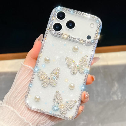 Diamond Glitter Pearl Butterfly Four-Corner Shockproof Phone Case, For iPhone 18 Pro / 17 Pro, For iPhone 18 Pro Max / 17 Pro Max, For iPhone 17, For iPhone 17 Air