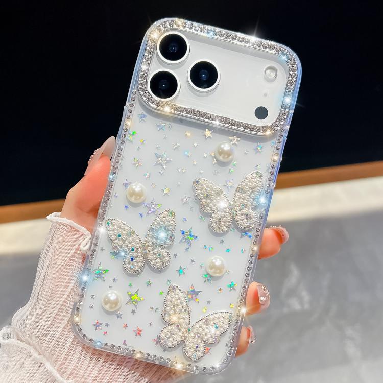 Diamond Glitter Pearl Butterfly Four-Corner Shockproof Phone Case, For iPhone 18 Pro / 17 Pro, For iPhone 18 Pro Max / 17 Pro Max, For iPhone 17, For iPhone 17 Air