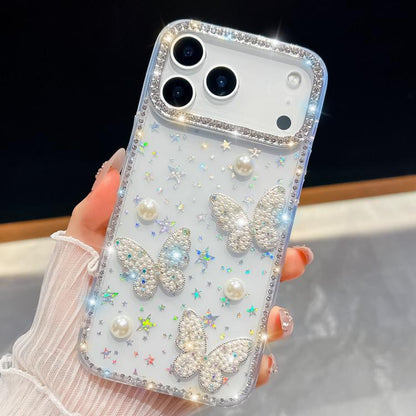Diamond Glitter Pearl Butterfly Four-Corner Shockproof Phone Case, For iPhone 18 Pro / 17 Pro, For iPhone 18 Pro Max / 17 Pro Max, For iPhone 17, For iPhone 17 Air