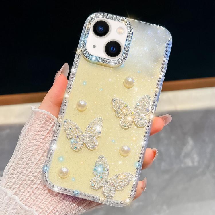 Diamond Glitter Pearl Butterfly Four-Corner Shockproof Phone Case, For iPhone 15 Pro Max, For iPhone 15 Pro, For iPhone 15, For iPhone 14