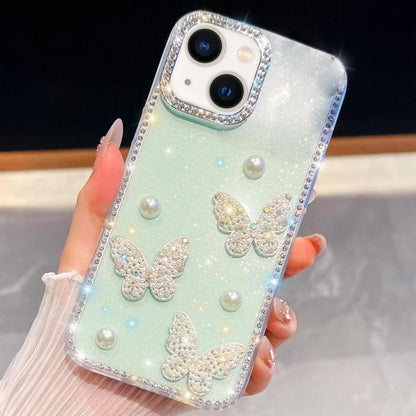 Diamond Glitter Pearl Butterfly Four-Corner Shockproof Phone Case, For iPhone 15 Pro Max, For iPhone 15 Pro, For iPhone 15, For iPhone 14