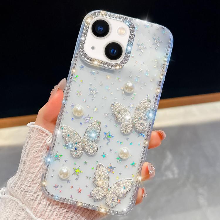Diamond Glitter Pearl Butterfly Four-Corner Shockproof Phone Case, For iPhone 15 Pro Max, For iPhone 15 Pro, For iPhone 15, For iPhone 14