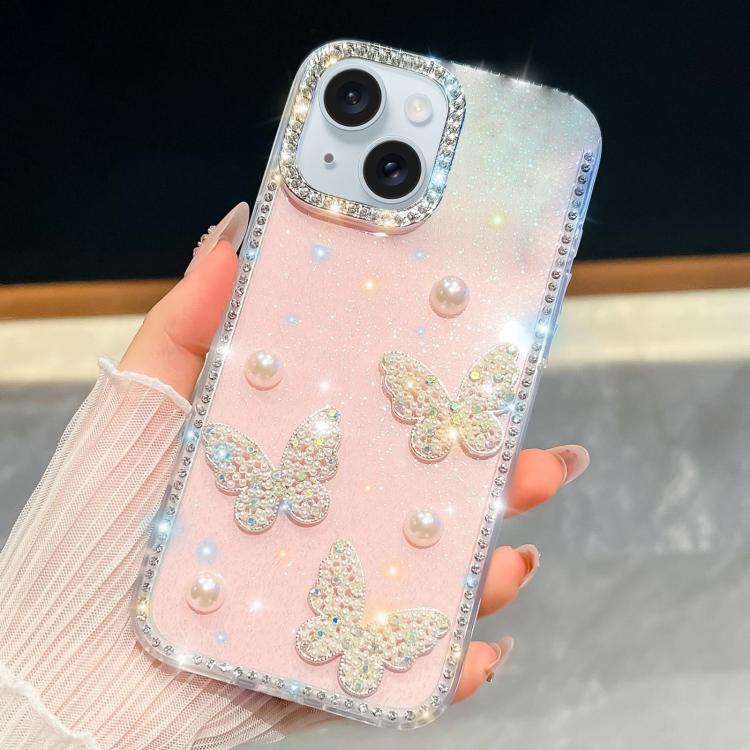 Diamond Glitter Pearl Butterfly Four-Corner Shockproof Phone Case, For iPhone 15 Pro Max, For iPhone 15 Pro, For iPhone 15, For iPhone 14