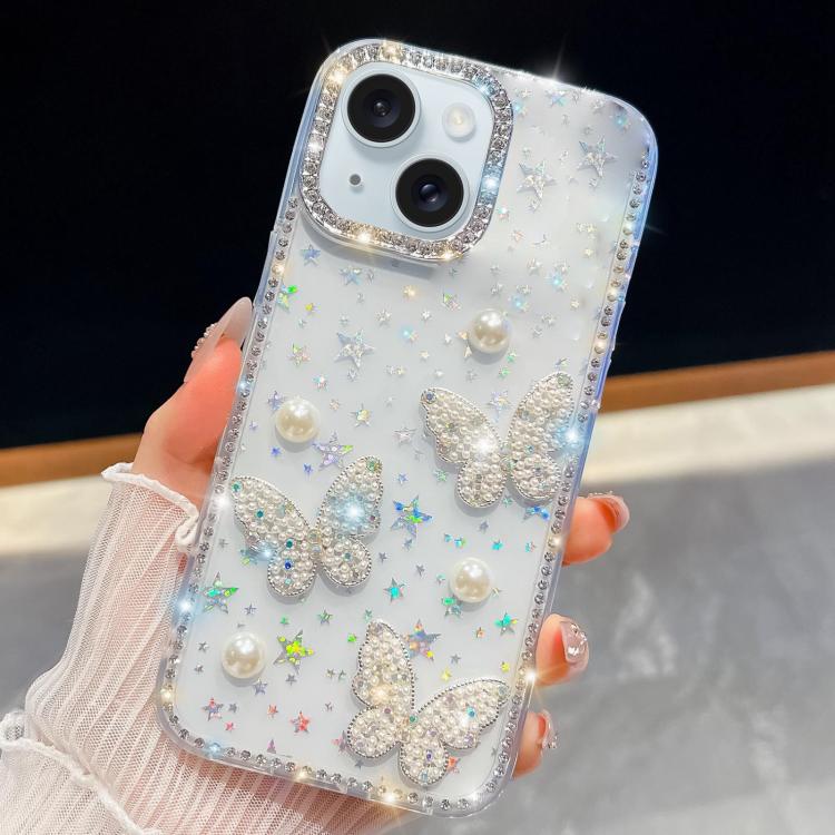 Diamond Glitter Pearl Butterfly Four-Corner Shockproof Phone Case, For iPhone 15 Pro Max, For iPhone 15 Pro, For iPhone 15, For iPhone 14