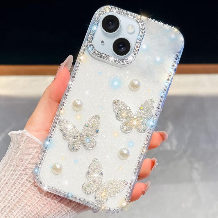 Diamond Glitter Pearl Butterfly Four-Corner Shockproof Phone Case, For iPhone 15 Pro Max, For iPhone 15 Pro, For iPhone 15, For iPhone 14