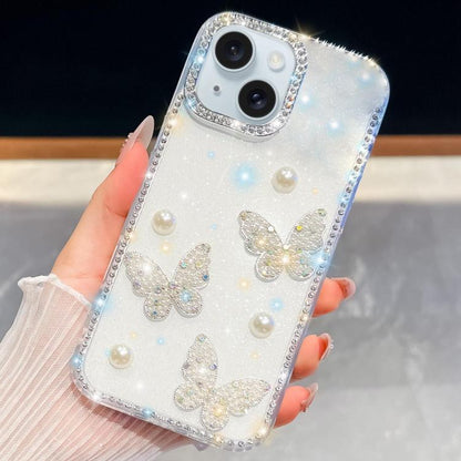 Diamond Glitter Pearl Butterfly Four-Corner Shockproof Phone Case, For iPhone 15 Pro Max, For iPhone 15 Pro, For iPhone 15, For iPhone 14