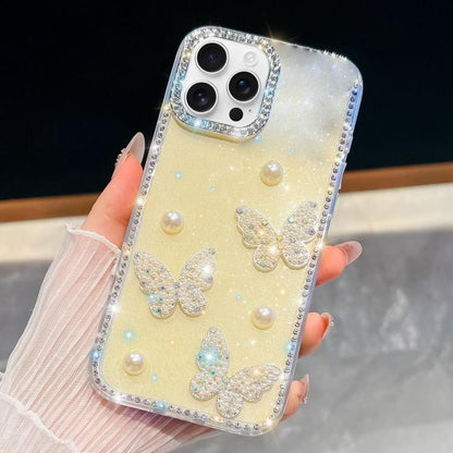 Diamond Glitter Pearl Butterfly Four-Corner Shockproof Phone Case, For iPhone 16 Pro Max, For iPhone 16 Pro, For iPhone 16 Plus, For iPhone 16