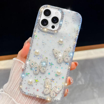 Diamond Glitter Pearl Butterfly Four-Corner Shockproof Phone Case, For iPhone 16 Pro Max, For iPhone 16 Pro, For iPhone 16 Plus, For iPhone 16