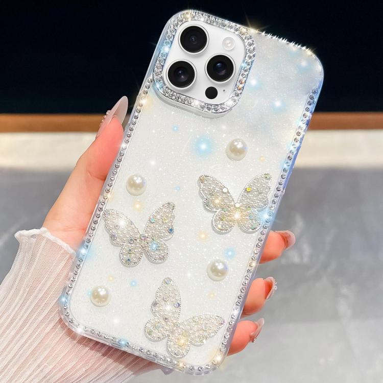 Diamond Glitter Pearl Butterfly Four-Corner Shockproof Phone Case, For iPhone 16 Pro Max, For iPhone 16 Pro, For iPhone 16 Plus, For iPhone 16