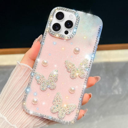 Diamond Glitter Pearl Butterfly Four-Corner Shockproof Phone Case, For iPhone 16 Pro Max, For iPhone 16 Pro, For iPhone 16 Plus, For iPhone 16