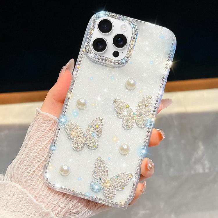 Diamond Glitter Pearl Butterfly Four-Corner Shockproof Phone Case, For iPhone 16 Pro Max, For iPhone 16 Pro, For iPhone 16 Plus, For iPhone 16