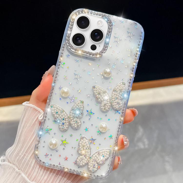 Diamond Glitter Pearl Butterfly Four-Corner Shockproof Phone Case, For iPhone 16 Pro Max, For iPhone 16 Pro, For iPhone 16 Plus, For iPhone 16