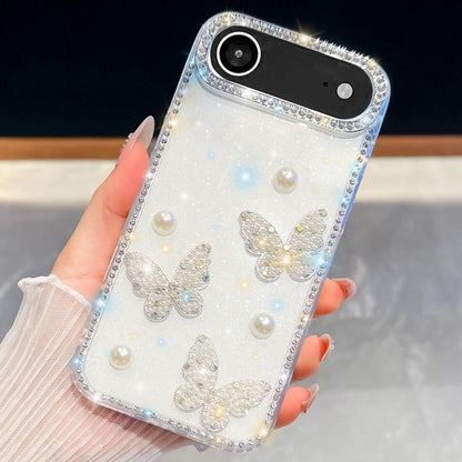 Diamond Glitter Pearl Butterfly Four-Corner Shockproof Phone Case, For iPhone 18 Pro / 17 Pro, For iPhone 18 Pro Max / 17 Pro Max, For iPhone 17, For iPhone 17 Air