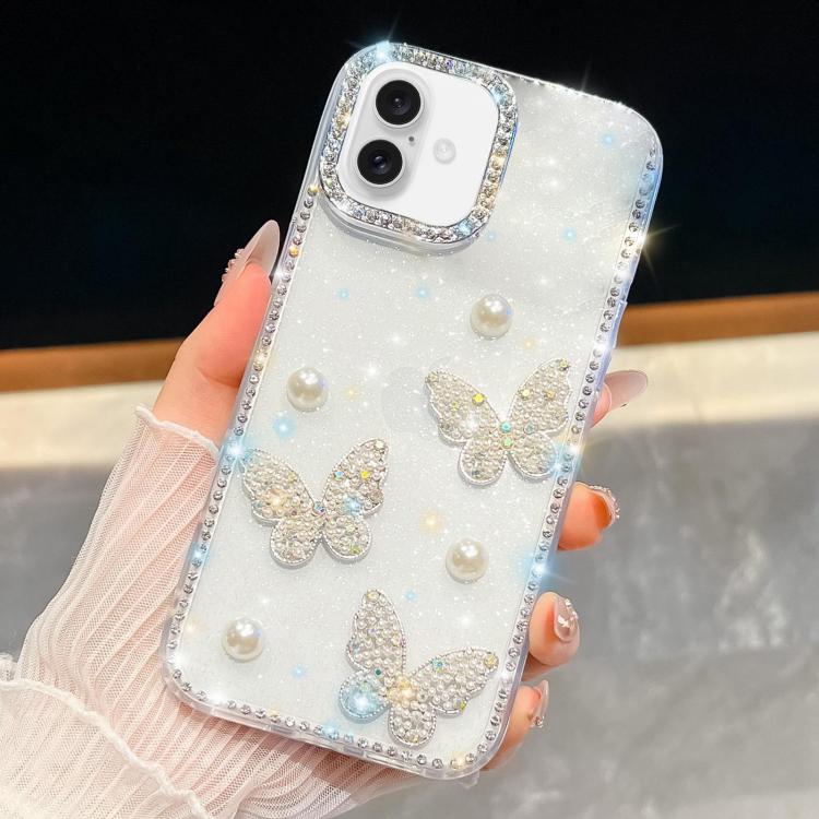 Diamond Glitter Pearl Butterfly Four-Corner Shockproof Phone Case, For iPhone 18 Pro / 17 Pro, For iPhone 18 Pro Max / 17 Pro Max, For iPhone 17, For iPhone 17 Air