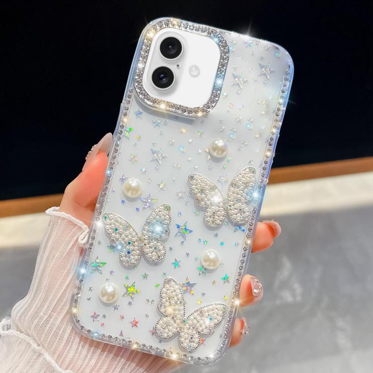 Diamond Glitter Pearl Butterfly Four-Corner Shockproof Phone Case, For iPhone 18 Pro / 17 Pro, For iPhone 18 Pro Max / 17 Pro Max, For iPhone 17, For iPhone 17 Air