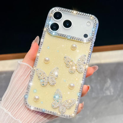 Diamond Glitter Pearl Butterfly Four-Corner Shockproof Phone Case, For iPhone 18 Pro / 17 Pro, For iPhone 18 Pro Max / 17 Pro Max, For iPhone 17, For iPhone 17 Air