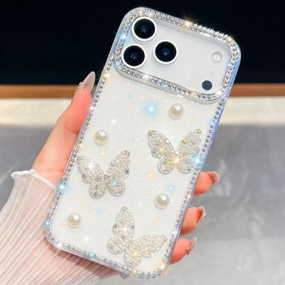 Diamond Glitter Pearl Butterfly Four-Corner Shockproof Phone Case, For iPhone 18 Pro / 17 Pro, For iPhone 18 Pro Max / 17 Pro Max, For iPhone 17, For iPhone 17 Air