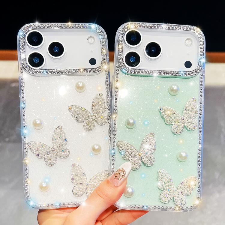 Diamond Glitter Pearl Butterfly Four-Corner Shockproof Phone Case, For iPhone 18 Pro / 17 Pro, For iPhone 18 Pro Max / 17 Pro Max, For iPhone 17, For iPhone 17 Air