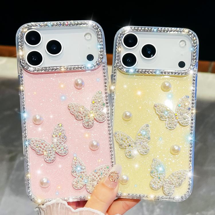 Diamond Glitter Pearl Butterfly Four-Corner Shockproof Phone Case, For iPhone 16 Pro Max, For iPhone 16 Pro, For iPhone 16 Plus, For iPhone 16