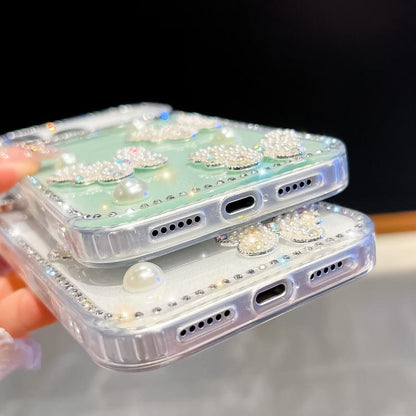 Diamond Glitter Pearl Butterfly Four-Corner Shockproof Phone Case, For iPhone 16 Pro Max, For iPhone 16 Pro, For iPhone 16 Plus, For iPhone 16