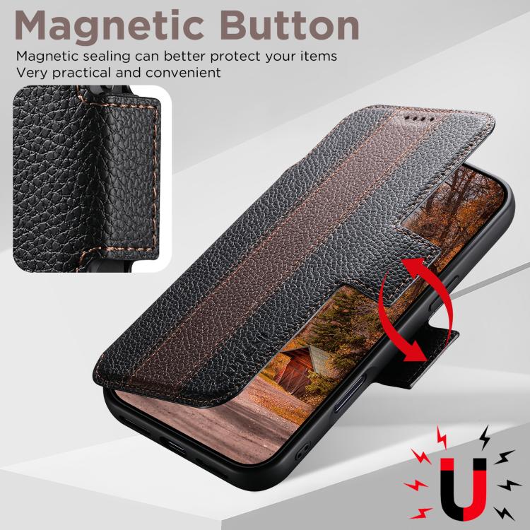 Suteni Q08 2-in-1 Multi-function Magnetic Wallet Big Litchi Vegan Leather Phone Case, For iPhone 16 Pro Max, For iPhone 16 Pro, For iPhone 16, For iPhone 15 Pro Max, For iPhone 15 Pro, For iPhone 15