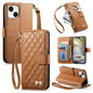 Rhombic Texture Zipper Wallet Metal Bow-knot Vegan Leather Phone Case with Strap, For iPhone 15 Pro Max, For iPhone 15 Pro, For iPhone 15 Plus, For iPhone 15