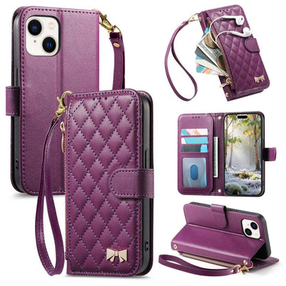 Rhombic Texture Zipper Wallet Metal Bow-knot Vegan Leather Phone Case with Strap, For iPhone 15 Pro Max, For iPhone 15 Pro, For iPhone 15 Plus, For iPhone 15