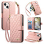 Rhombic Texture Zipper Wallet Metal Bow-knot Vegan Leather Phone Case with Strap, For iPhone 15 Pro Max, For iPhone 15 Pro, For iPhone 15 Plus, For iPhone 15