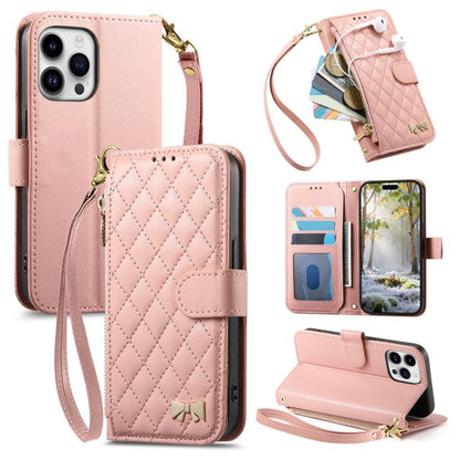Rhombic Texture Zipper Wallet Metal Bow-knot Vegan Leather Phone Case with Strap, For iPhone 15 Pro Max, For iPhone 15 Pro, For iPhone 15 Plus, For iPhone 15