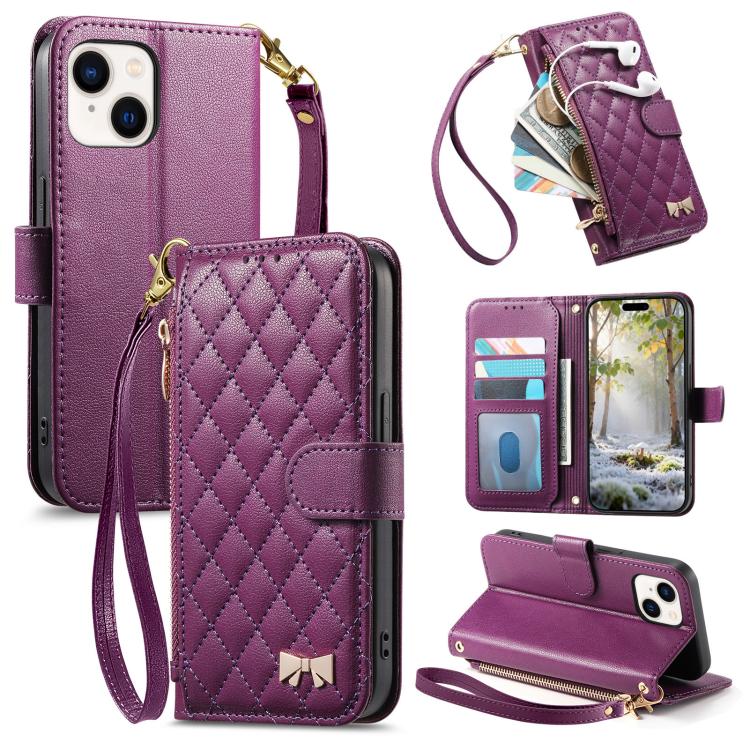 Rhombic Texture Zipper Wallet Metal Bow-knot Vegan Leather Phone Case with Strap, For iPhone 15 Pro Max, For iPhone 15 Pro, For iPhone 15 Plus, For iPhone 15