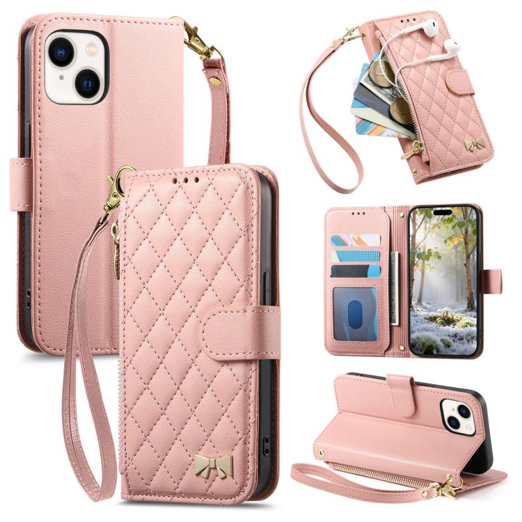 Rhombic Texture Zipper Wallet Metal Bow-knot Vegan Leather Phone Case with Strap, For iPhone 15 Pro Max, For iPhone 15 Pro, For iPhone 15 Plus, For iPhone 15