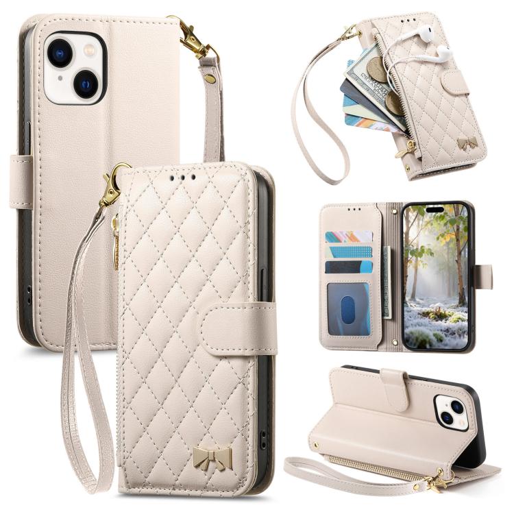 Rhombic Texture Zipper Wallet Metal Bow-knot Vegan Leather Phone Case with Strap, For iPhone 15 Pro Max, For iPhone 15 Pro, For iPhone 15 Plus, For iPhone 15