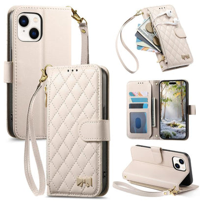 Rhombic Texture Zipper Wallet Metal Bow-knot Vegan Leather Phone Case with Strap, For iPhone 15 Pro Max, For iPhone 15 Pro, For iPhone 15 Plus, For iPhone 15