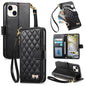 Rhombic Texture Zipper Wallet Metal Bow-knot Vegan Leather Phone Case with Strap, For iPhone 15 Pro Max, For iPhone 15 Pro, For iPhone 15 Plus, For iPhone 15