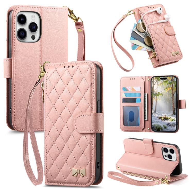 Rhombic Texture Zipper Wallet Metal Bow-knot Vegan Leather Phone Case with Strap, For iPhone 15 Pro Max, For iPhone 15 Pro, For iPhone 15 Plus, For iPhone 15