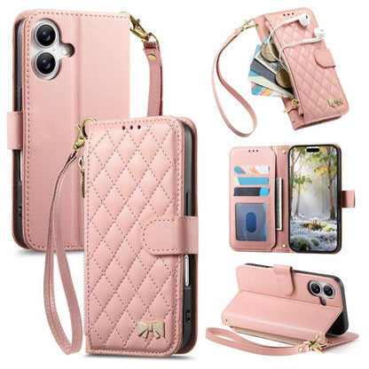 Rhombic Texture Zipper Wallet Metal Bow-knot Vegan Leather Phone Case with Strap, For  iPhone 16 Pro Max, For iPhone 16 Pro, For iPhone 16 Plus, For iPhone 16
