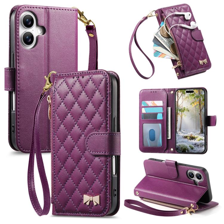 Rhombic Texture Zipper Wallet Metal Bow-knot Vegan Leather Phone Case with Strap, For  iPhone 16 Pro Max, For iPhone 16 Pro, For iPhone 16 Plus, For iPhone 16
