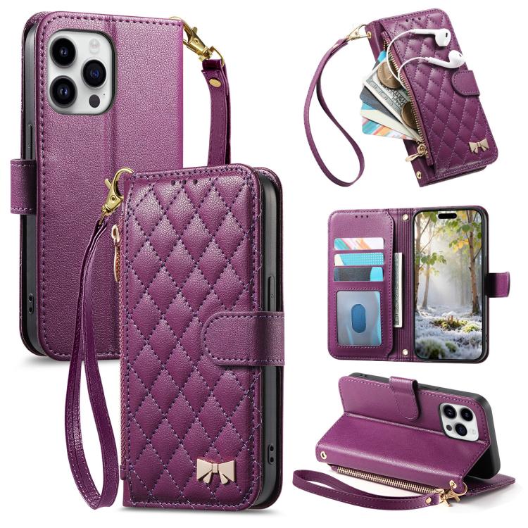 Rhombic Texture Zipper Wallet Metal Bow-knot Vegan Leather Phone Case with Strap, For  iPhone 16 Pro Max, For iPhone 16 Pro, For iPhone 16 Plus, For iPhone 16
