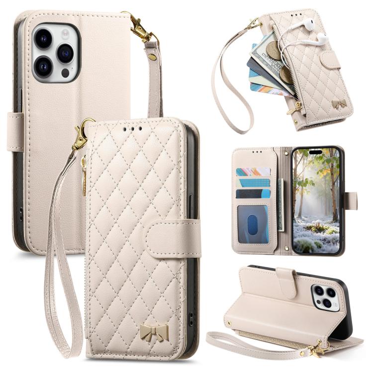 Rhombic Texture Zipper Wallet Metal Bow-knot Vegan Leather Phone Case with Strap, For  iPhone 16 Pro Max, For iPhone 16 Pro, For iPhone 16 Plus, For iPhone 16