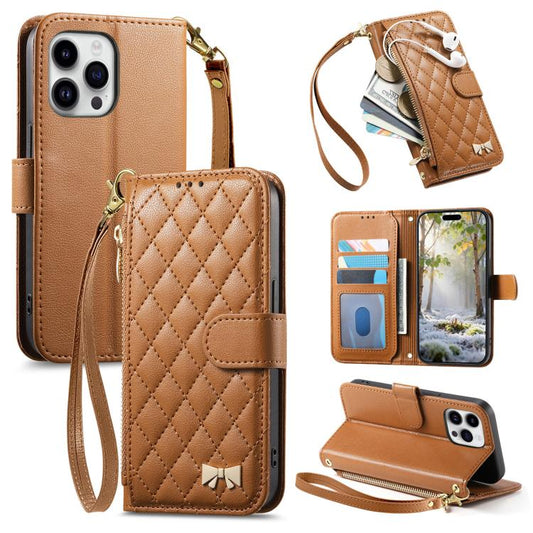 Rhombic Texture Zipper Wallet Metal Bow-knot Vegan Leather Phone Case with Strap, For  iPhone 16 Pro Max, For iPhone 16 Pro, For iPhone 16 Plus, For iPhone 16