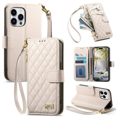 Rhombic Texture Zipper Wallet Metal Bow-knot Vegan Leather Phone Case with Strap, For  iPhone 16 Pro Max, For iPhone 16 Pro, For iPhone 16 Plus, For iPhone 16