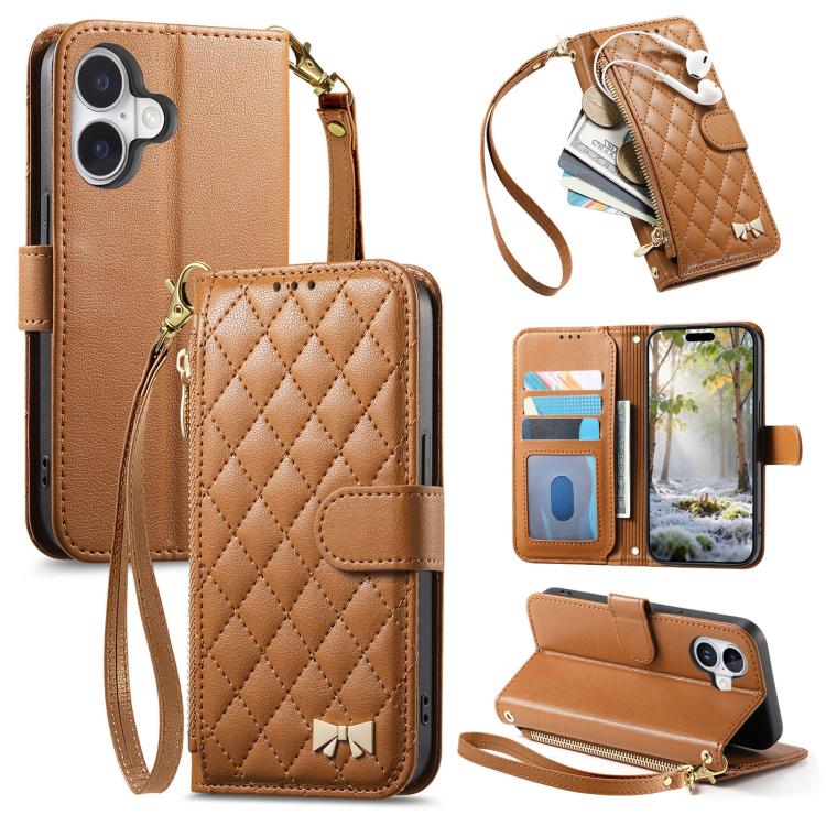 Rhombic Texture Zipper Wallet Metal Bow-knot Vegan Leather Phone Case with Strap, For iPhone 17 Pro Max, For iPhone 17 Pro, For iPhone 17, For iPhone Air