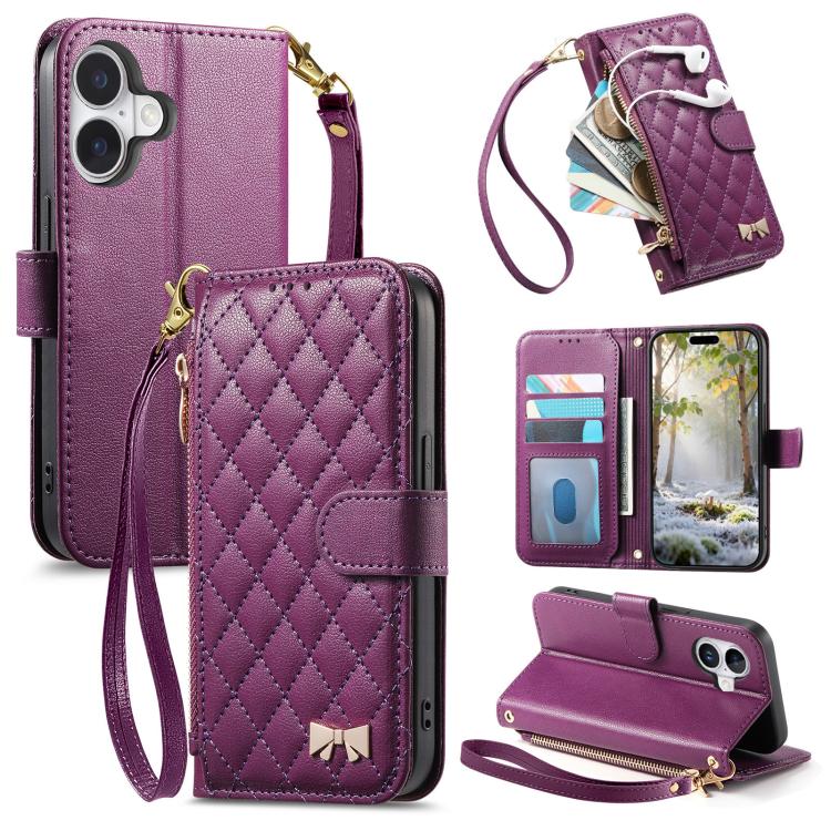Rhombic Texture Zipper Wallet Metal Bow-knot Vegan Leather Phone Case with Strap, For iPhone 17 Pro Max, For iPhone 17 Pro, For iPhone 17, For iPhone Air
