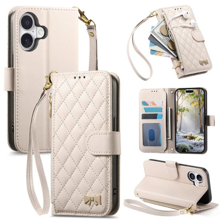 Rhombic Texture Zipper Wallet Metal Bow-knot Vegan Leather Phone Case with Strap, For iPhone 17 Pro Max, For iPhone 17 Pro, For iPhone 17, For iPhone Air