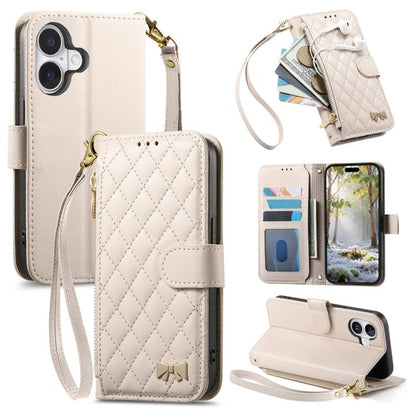 Rhombic Texture Zipper Wallet Metal Bow-knot Vegan Leather Phone Case with Strap, For iPhone 17 Pro Max, For iPhone 17 Pro, For iPhone 17, For iPhone Air