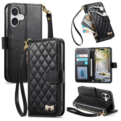 Rhombic Texture Zipper Wallet Metal Bow-knot Vegan Leather Phone Case with Strap, For iPhone 17 Pro Max, For iPhone 17 Pro, For iPhone 17, For iPhone Air