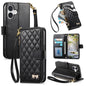 Rhombic Texture Zipper Wallet Metal Bow-knot Vegan Leather Phone Case with Strap, For iPhone 17 Pro Max, For iPhone 17 Pro, For iPhone 17, For iPhone Air